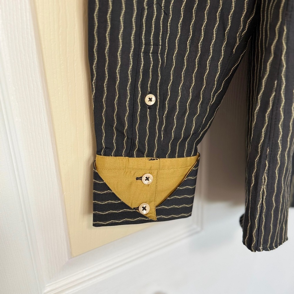 Bachrach Mens Cyrus Black Gold Wavy Pinstripe Long Sleeve Button Down Shirt M - Picture 4 of 7